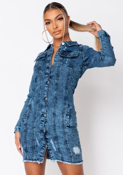 Dark Blue Distressed Denim Shirt Dress