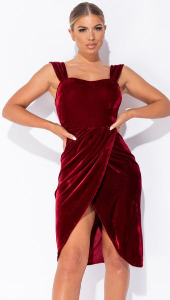 Wine Velvet Wrapover Midi Dress