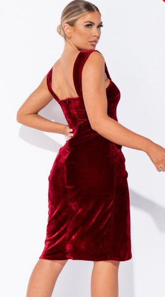 Wine Velvet Wrapover Midi Dress